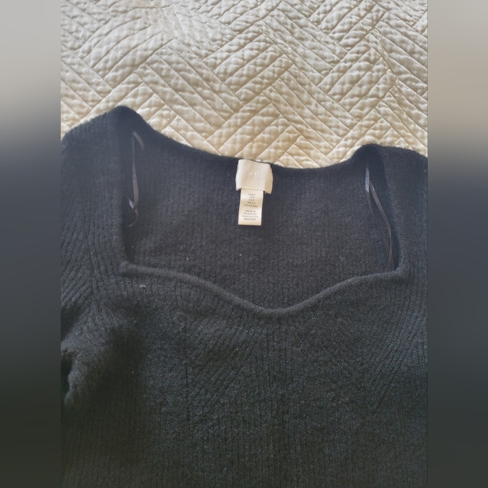 H&M Black Ribbed Square Neck Mini Dress Long Sleeve Bodycon S - Picture 4 of 7
